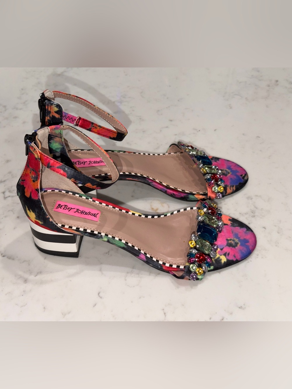 Betsey Johnson Multicolor Jeweled Ankle-Strap Block Heels - Picture 2 of 7
